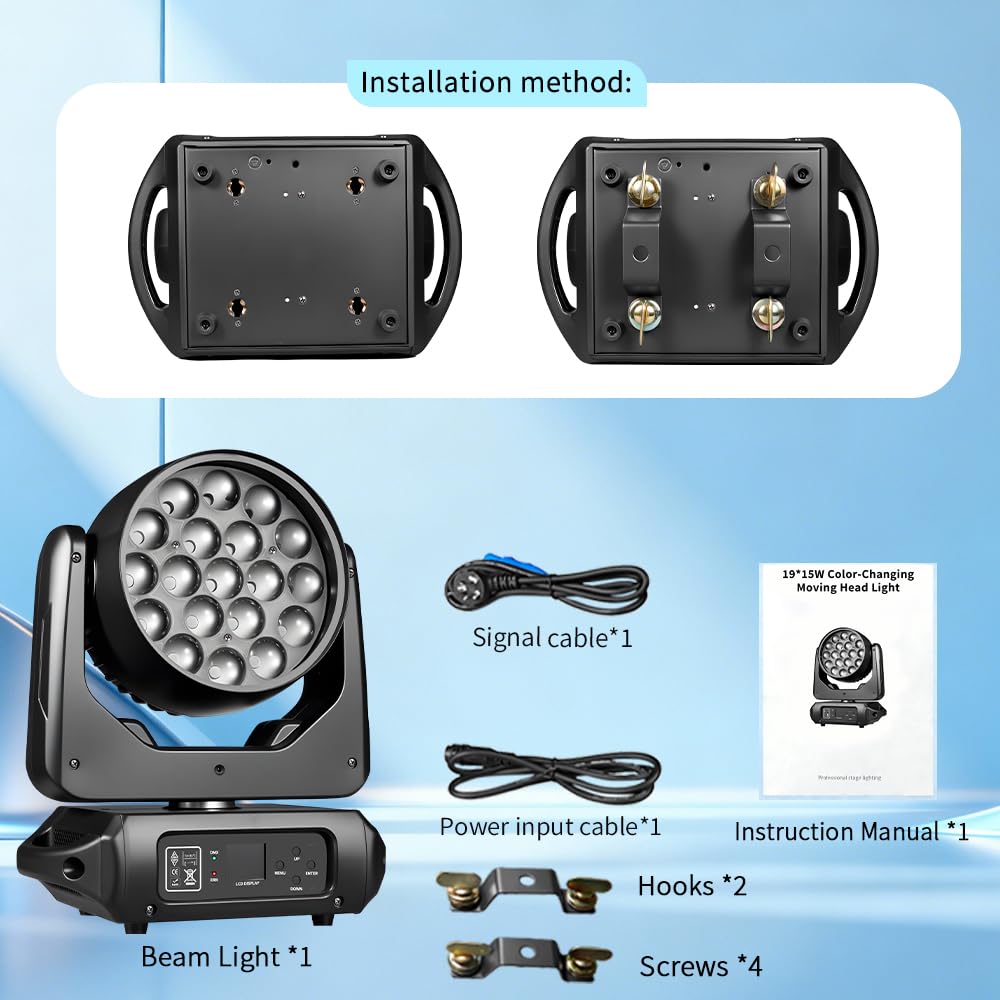 MINGJIE 19x15W Moving Head Stage Light,RGBW 4-in-1 LED Zoom Beam Wash Strobe Effect,DMX Sound Activated,540° Pan 270° Tilt,Professional DJ Lighting for Club Wedding Party Bar (Luces para)