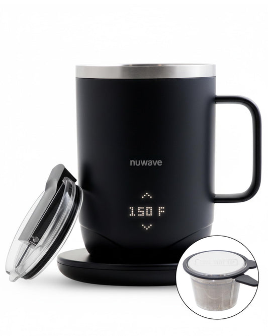 Nuwave Self-Heating Coffee Mug with Charging Base, 16oz Heated Coffee Cup, 5Hr Cordless Runtime, LED Touch Controls, Adjustable Brew Settings, Includes Stainless Steel Filter, 45201BV02