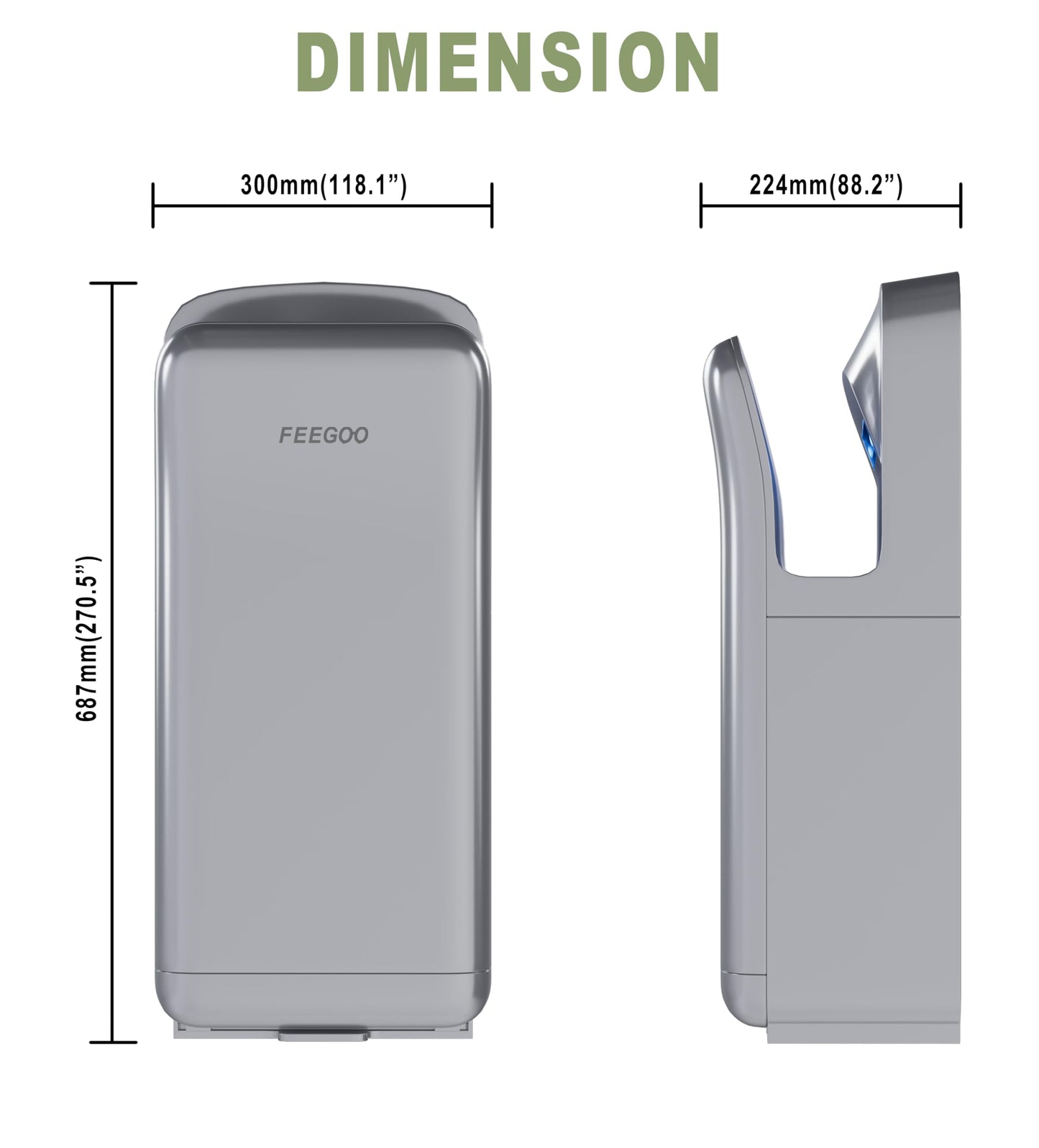 FEEGOO Commercial Vertical Hand Dryer – High-Speed Drying with HEPA Filtration & Stable Operation for Offices, Restrooms & High-Traffic Facilities,Silver