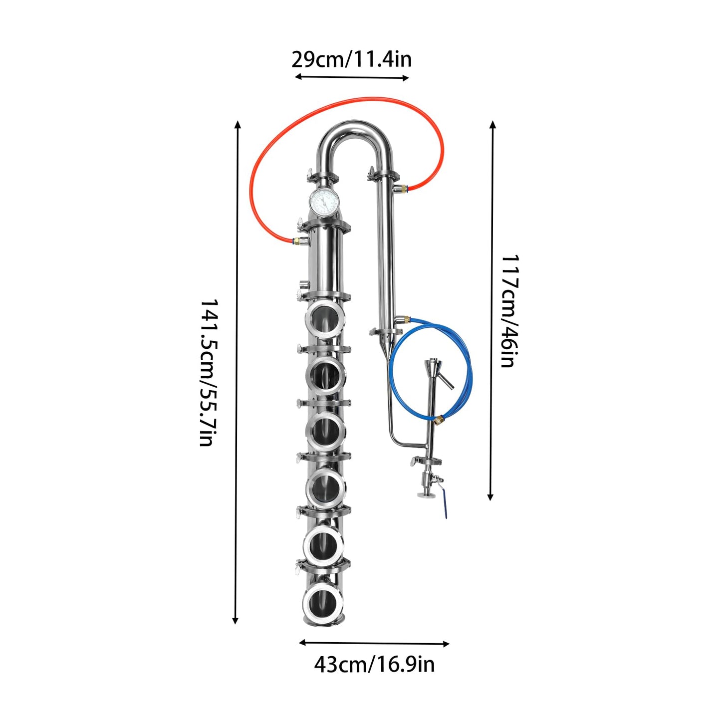 Alcohol Distillation Flute, Tubular Distillation Tower 304 Stainless Steel Alcohol Distiller Silver Flute Reflux Column Still for DIY Whisky Wine Brandy Gin 4" (6Layer55.7”H)