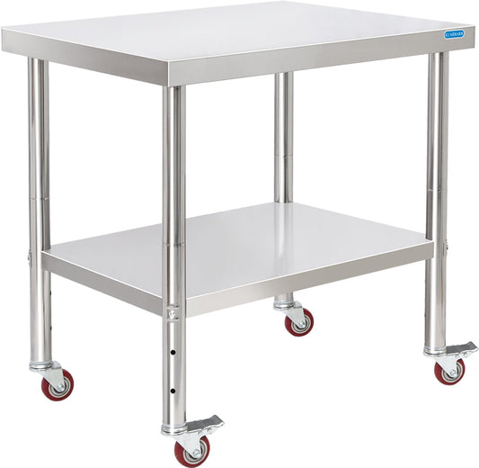 KUARBARR Stainless Steel Table for Prep & Work with 4 Caster Wheels with Adjustable Undershelf 24 x 30 NSF Metal Commercial Kitchen Worktable for Restaurant Home Outdoor