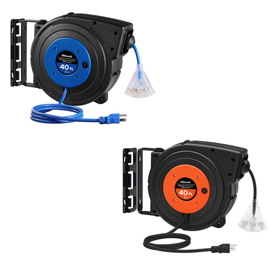 WILAWELS 40FT 12AWG Extension Cord Reel Bundle, Heavy Duty Power Cord, 12AWG/3C SJTOW, 3 Grounded Outlets Lighted Triple Tap, 15 Amp Circuit Breaker, UL Listed, U40CR06-B40CR06