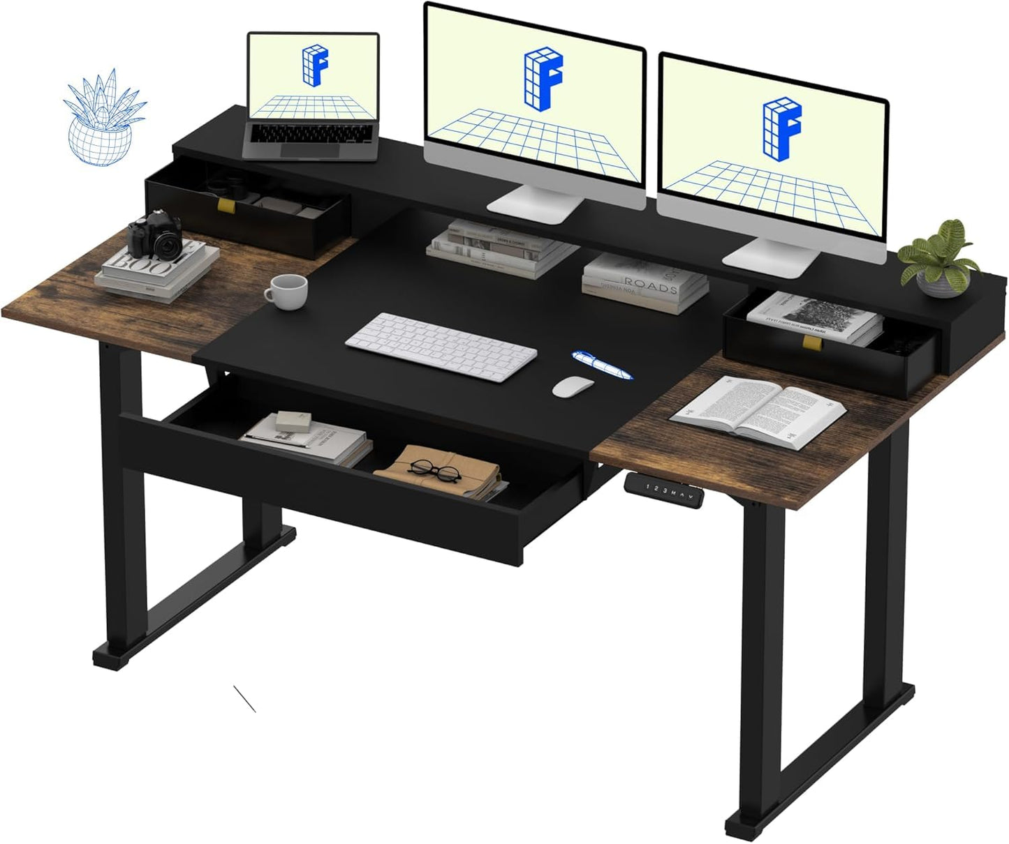 FLEXISPOT 4-Leg Standing Desk with Storage 71x32 in Electric Adjustable Height with 3 Drawers & Shelving Home Office Workstation (Black + Special Walnut Top)