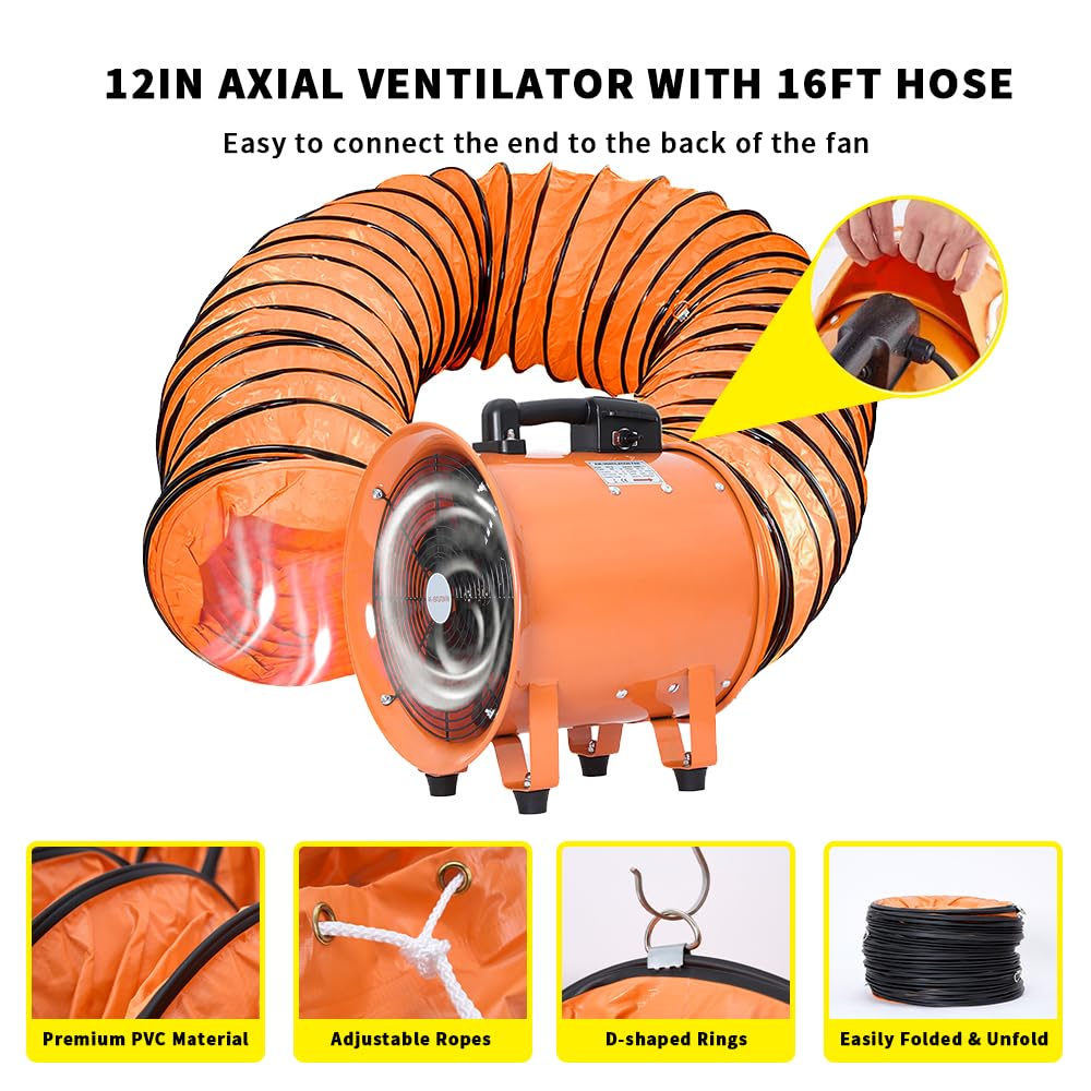 Utility Blower Fan 12 Inch, 550W High Velocity Ventilator with Duct Hose, Low Noise Portable Ventilation Fan, Fume Extractor for Exhausting & Ventilating at Home and Job Site (12IN FAN+16FT HOSE)
