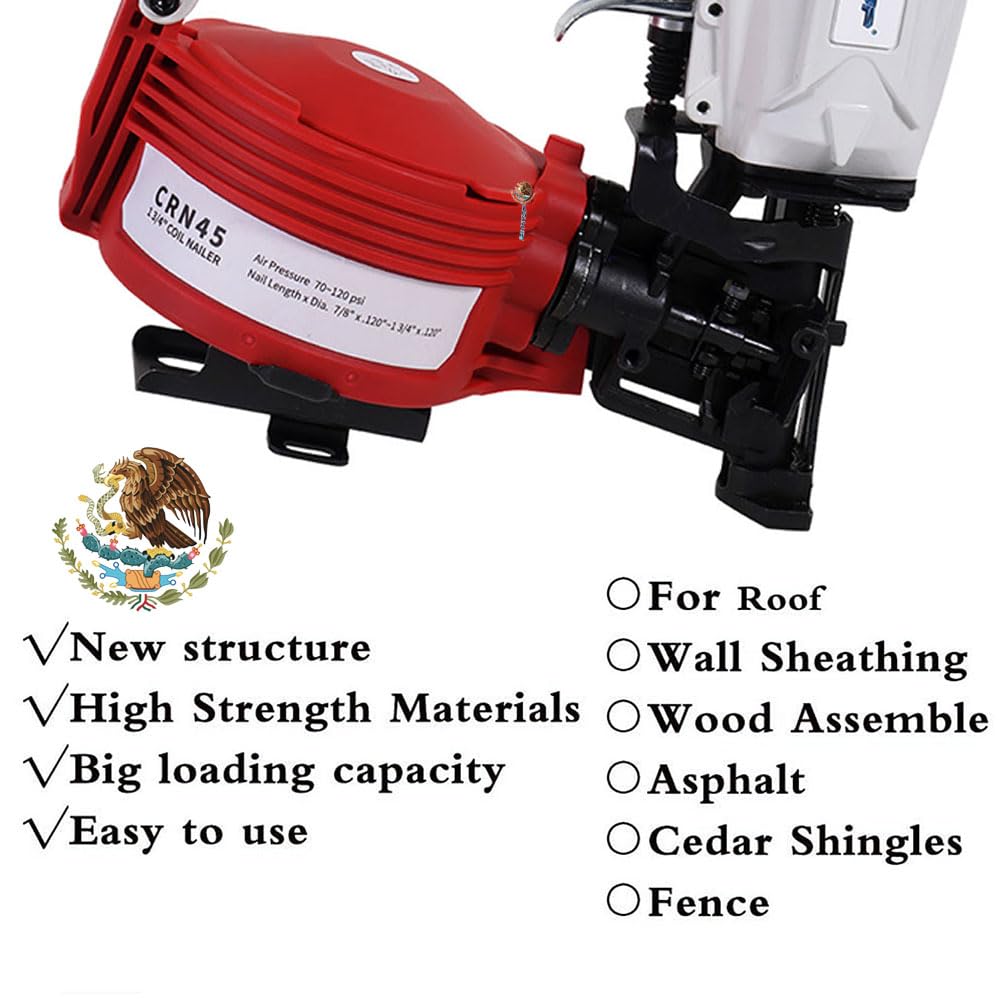 BHTOP Mexican CN45N Roofing Nailer, 15 Degree Roofing Nail Gun, 3/4-Inch to 1-3/4-Inch Coil Nails, 120-pcs Load Capacity Coil Naile (Green/Red）