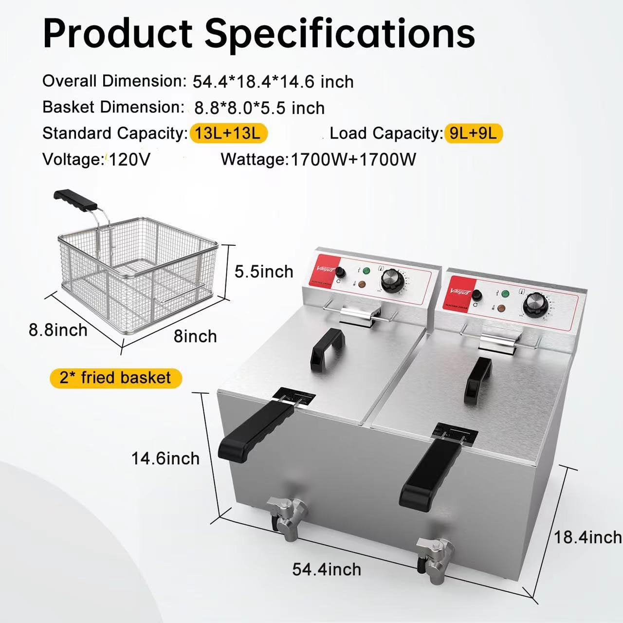Valgus Dual Tanks Commercial Deep Fryer Electric 1700W 120V 26L Large Capacity Stainless Steel Countertop Kitchen Frying Machine with Basket & Lid, Drain System for Home Kitchen and Restaurant