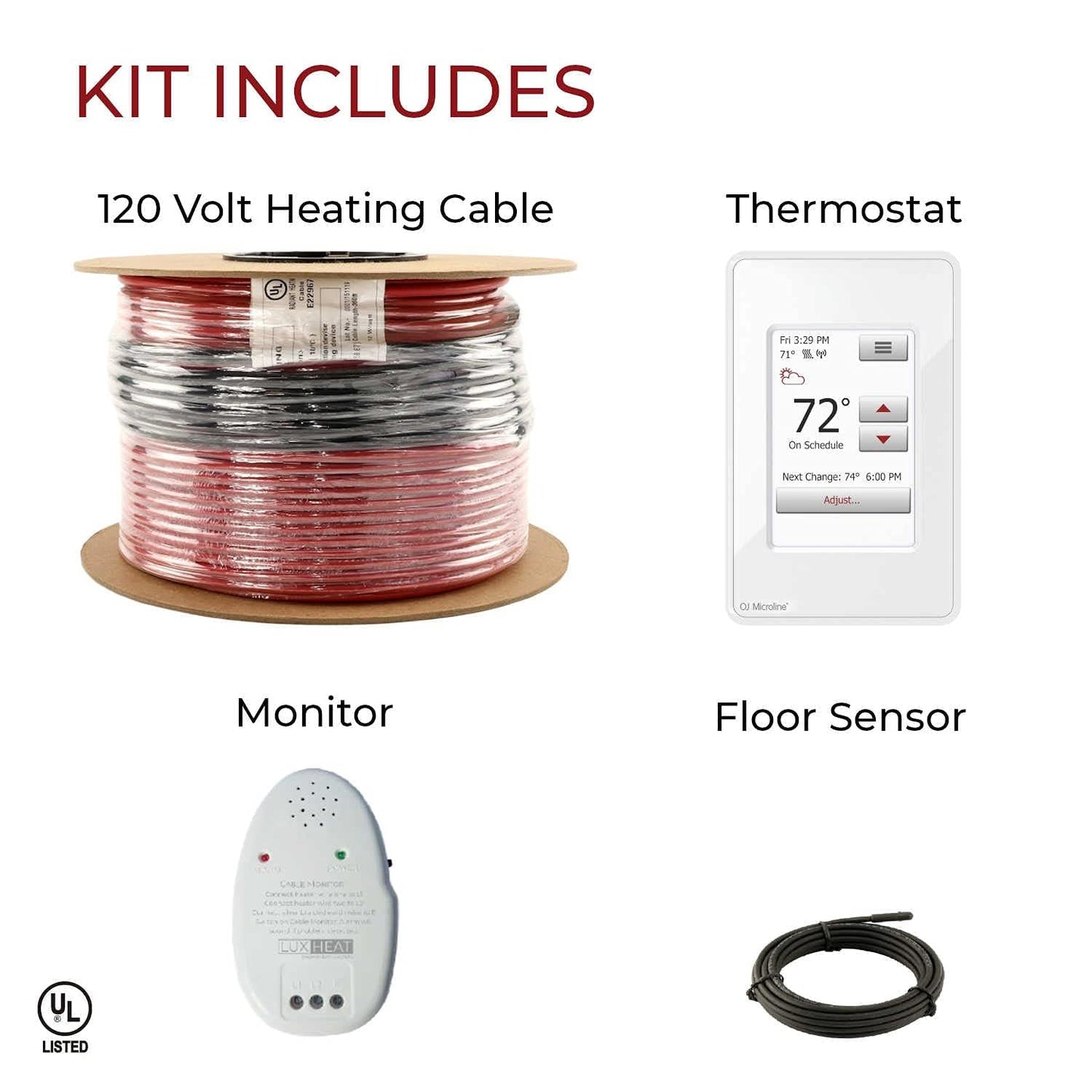 LuxHeat 110sqft Floor Heating Cable Kit - 120v Electric Radiant Heated Floor System - Heated Flooring System Includes UWG4 WiFi Programmable Thermostat w/GFCI, Heating Cable, Alarm & Flooring Sensor