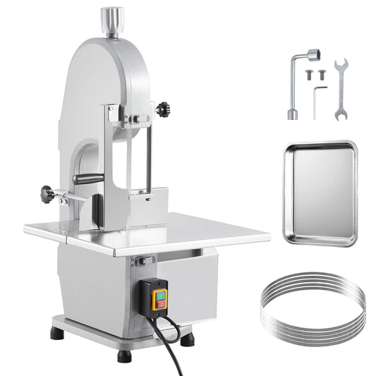 1100W Commercial Electric Meat & Bone Band Saw with Stainless Steel Table (19.3"X15"), Adjustable Thickness 0.16-7.9", Includes 5 Blades – Frozen Meat Cutter Ideal for Butcher Shops, Restaurants, Home