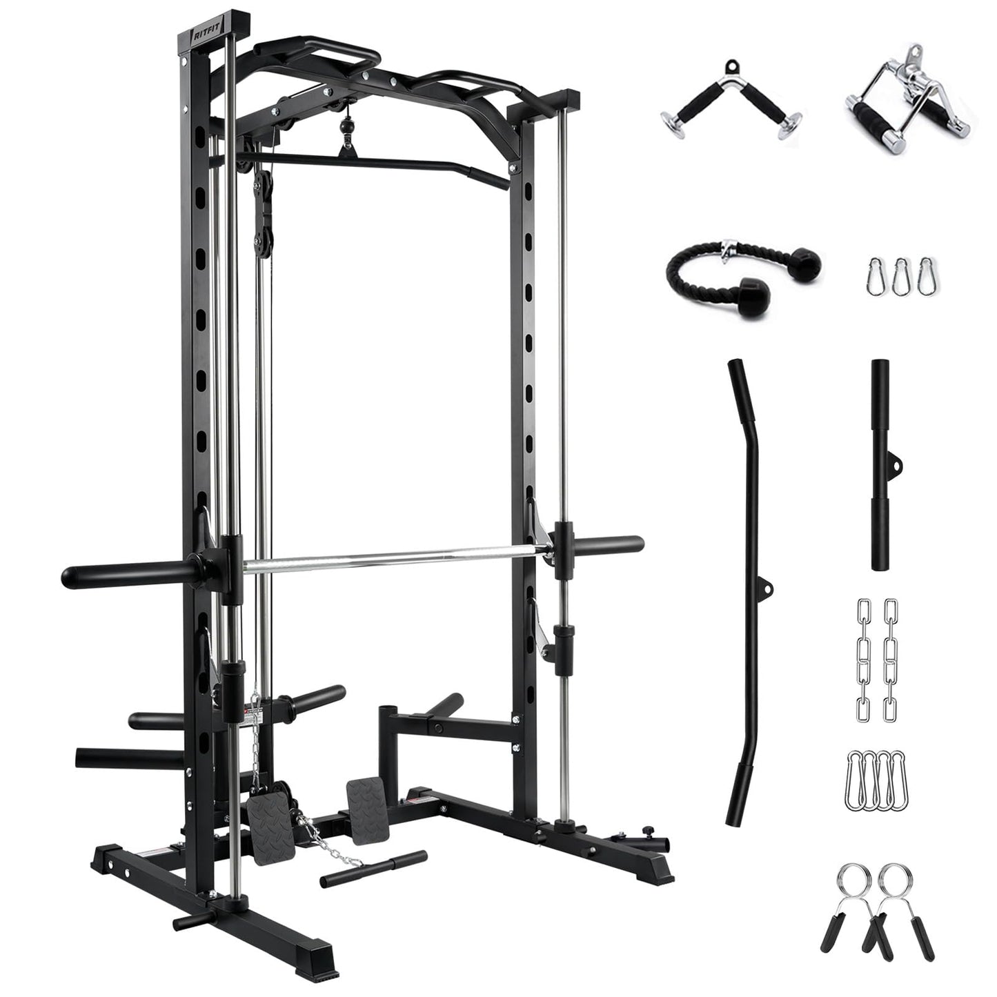 RitFit Smith Machine Power Rack with LAT-Pull Down System, Landmine, Barbell Bar, Plate Storage Pegs and More Training Attachment, 1000 LBS Multifunction Squat Rack for Home Gym, Upgraded 2.0 with Bar