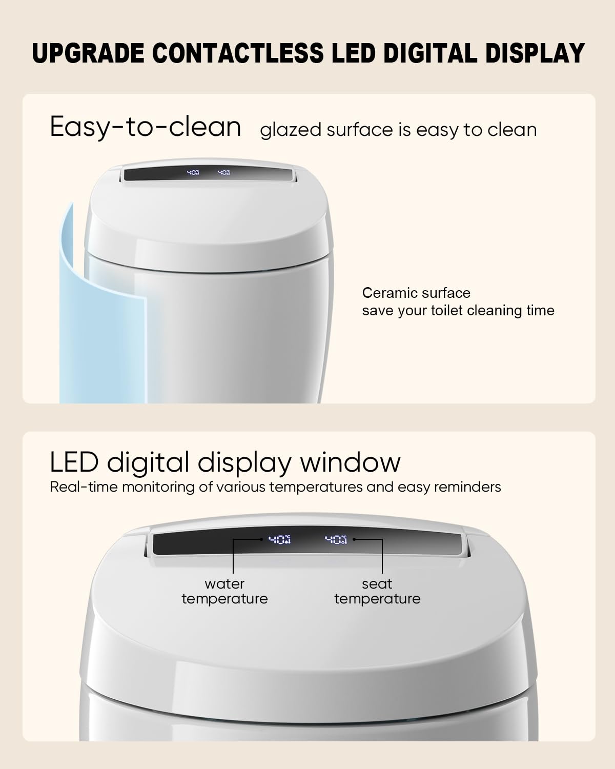 TDH Smart Toilet, Tankless Toilets with Foot Sensor Operation, Heated ToiletSeat with Warm Water Sprayer and Dryer, LED Display with Fahrenheit, Round Toilet Seat
