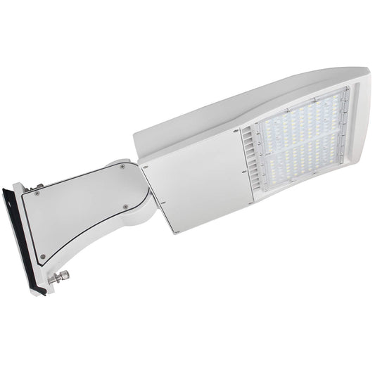 150W LED Parking Lot Light, 80W/100W/150W Selectable, 21,000LM LED Shoebox Area Light, 5000K Daylight, 100–277V, Replaces 450W MH/HPS, Commercial Outdoor Pole Lighting, White Finish, UL Listed