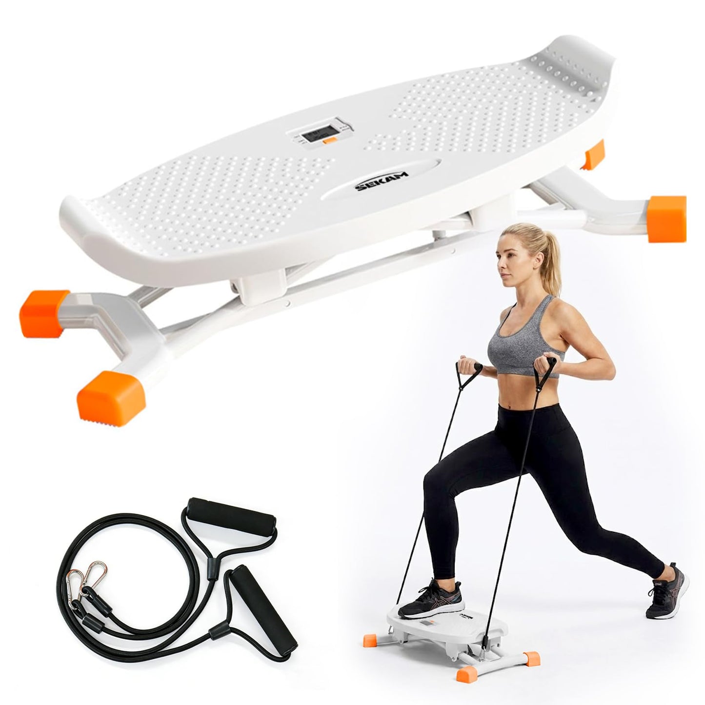 SEKAM Ski Machine Trainer, Indoor Ski Simulator with Resistance Bands & Balance Board - Low Impact Stepper Exercise Equipment for Home Gym Full Body Workout, 300LBS Capacity (Orange)