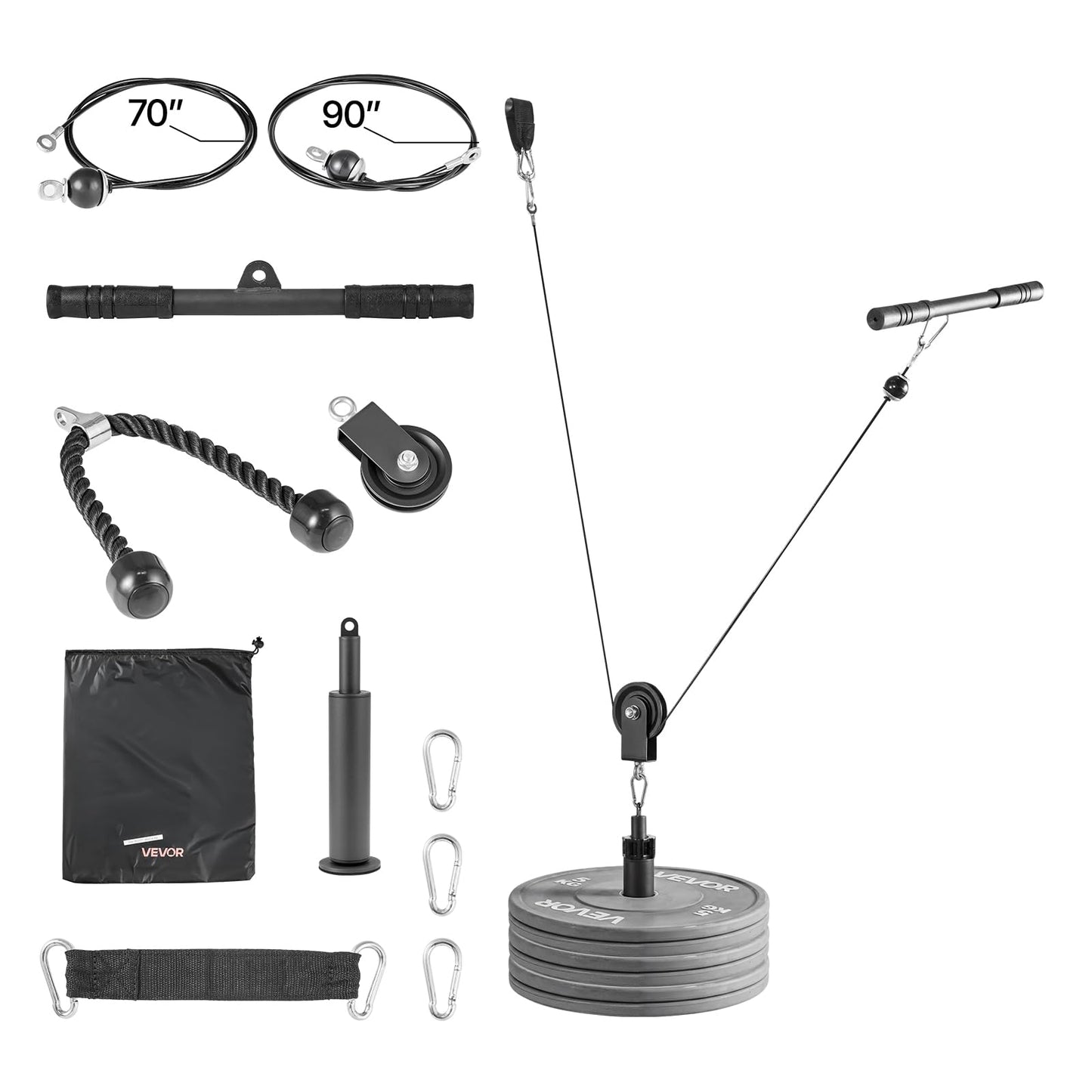 VEVOR Pulley System, 1 PC LAT and Lift Pulley System, Gym Rack Pulleys Attachment with Two Steel Cables, Short Bar, Dual Grip Handles, Cable Machine for Bicep, Shoulder, Back, Up to 280 lbs Capacity