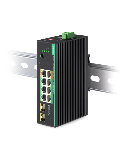 LINOVISION Industrial 8 Ports Full Gigabit PoE Switch Support DC 12~57V Input, 24V/ 12V PoE Switch for Solar or RV UPS System, 2 High PoE+ Ports for Big PTZ Cameras or Wireless APs. NDAA Compliant