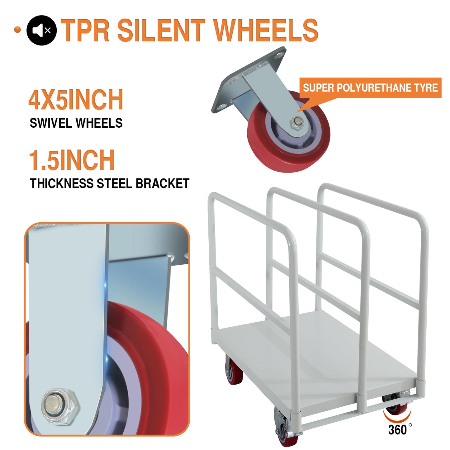 Flatbed Cart with 2500 Lbs Capacity and 4 Swivel Casters, 36x24inch Steel Board with 3 Side Handrails