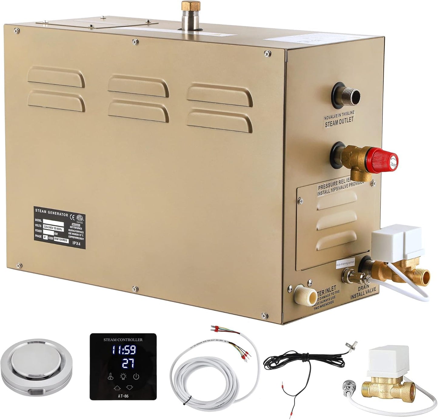 CGOLDENWALL 5KW Commercial Self-Draining Steam Generator Shower System Home Steam Bath Spa Generator 30 min to 12 Hours with Auto Drain 95-131℉ for Suitable Space Heating 5 m³/176 Cubic feet (5KW)