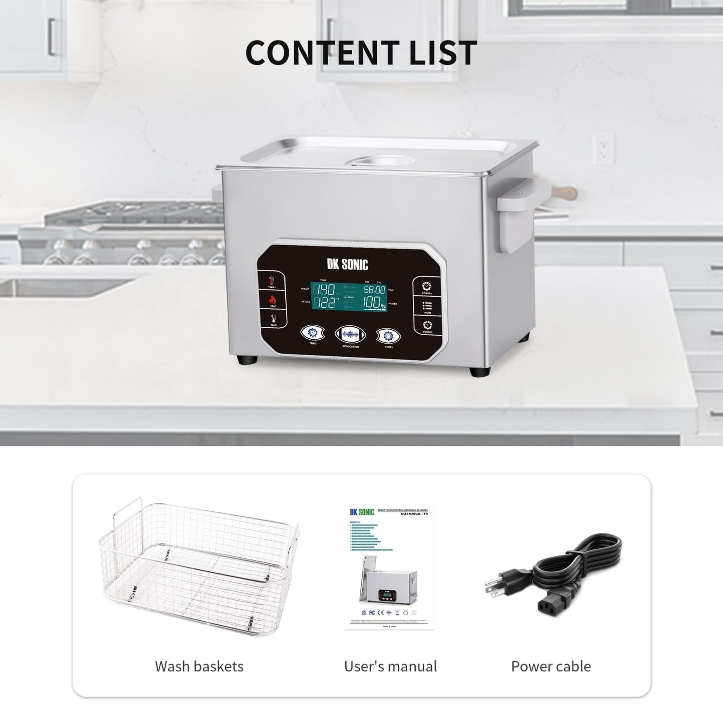 DK SONIC Professional Ultrasonic Cleaner 4L,120W Precision Ultrasonic Jewelry Cleaner with Smart Touch Control, Five Modes for Glasses,Chains,Watches,Coins (Include Basket)