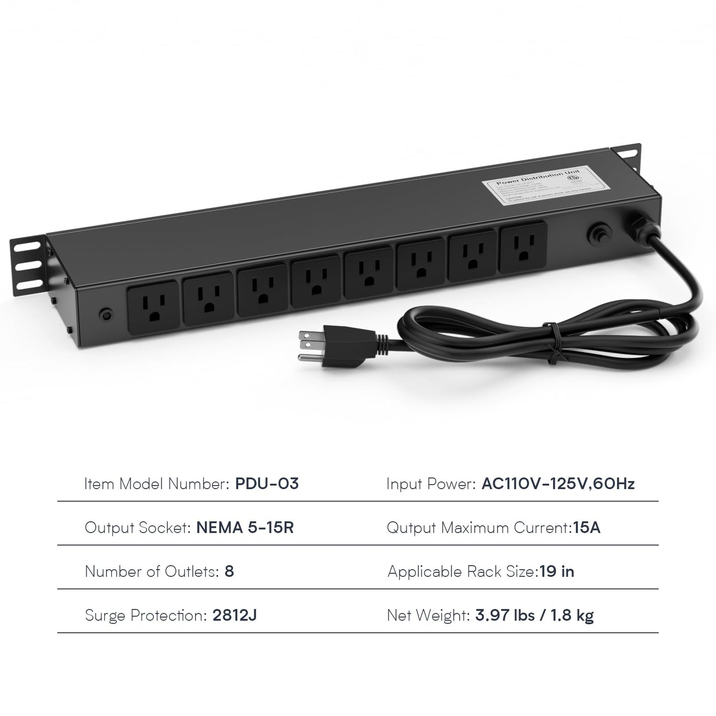 8 Outlet Horizontal 1U Rack Mount PDU Power Strip with Surge Protector - 110V/15A - 6ft Power Cord for Network Server Racks (PDU-03)