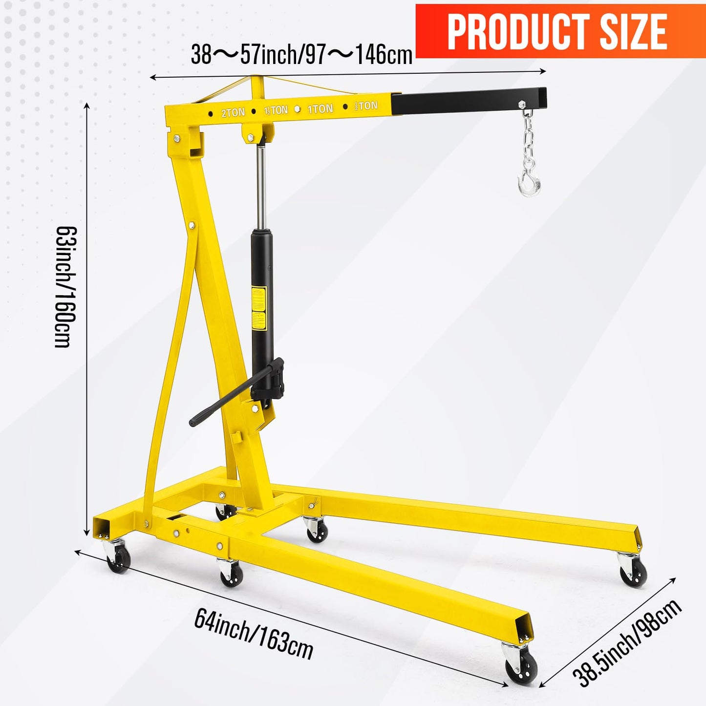 2 Ton Hydraulic Engine Hoist (4400LB) – Heavy Duty Folding Shop Crane with 6 Swivel Casters & Telescopic Boom | Adjustable Lifting for Car Engines, Transmissions | Garage, Workshop, Factory, Yellow