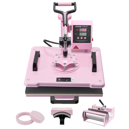 VEVOR Heat Press Machine 5 in 1 Combo with 30 OZ Tumbler Press & Hat Press, Slide Out 12x15 Inch Heat Press Sublimation Machine for T-Shirts, Hats Caps Tumblers Glass Cans Mugs, and Plates (Pink)