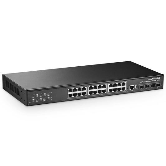 MokerLink 28 Port Gigabit Managed Switch, 24 Port GE, 4 x 10G SFP+ Uplink, 1 Console Port, 1 USB Port, L3 Smart Managed, Rackmount Fanless, DHCP QoS Vlan IGMP and Static Routing