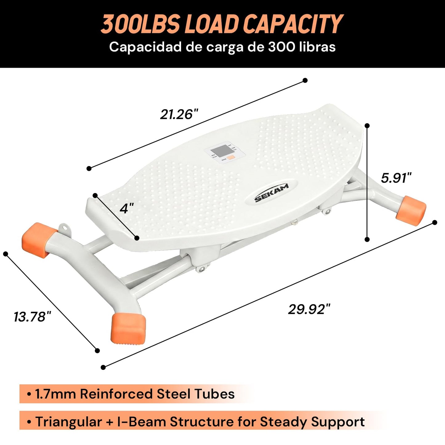 SEKAM Ski Machine Trainer, Indoor Ski Simulator with Resistance Bands & Balance Board - Low Impact Stepper Exercise Equipment for Home Gym Full Body Workout, 300LBS Capacity (Orange)