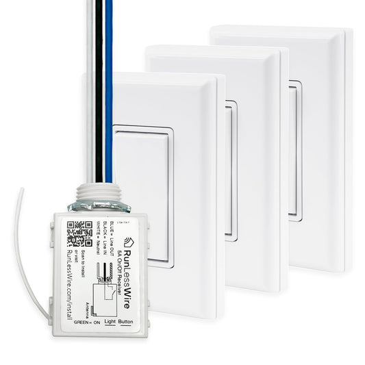 RunLessWire 4-Way Battery-Free DIY Wireless Light Switch Kit 150ft RF Range Self-Powered by Kinetic Energy for Hallways & Stairways: 3 Remote Switches Control 1 5A On/Off Receiver White