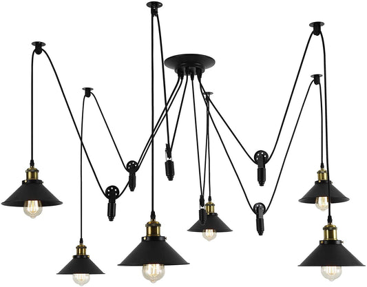 Pulley Pendant Light With 6 Lights, Adjustable DIY Industrial Vintage Rustic Chandelier Mount Ceiling Light Edison Rustic Chandelier,Hanging Pedant Lights Fixture for Dining Room,Warehouse,Farmhouse