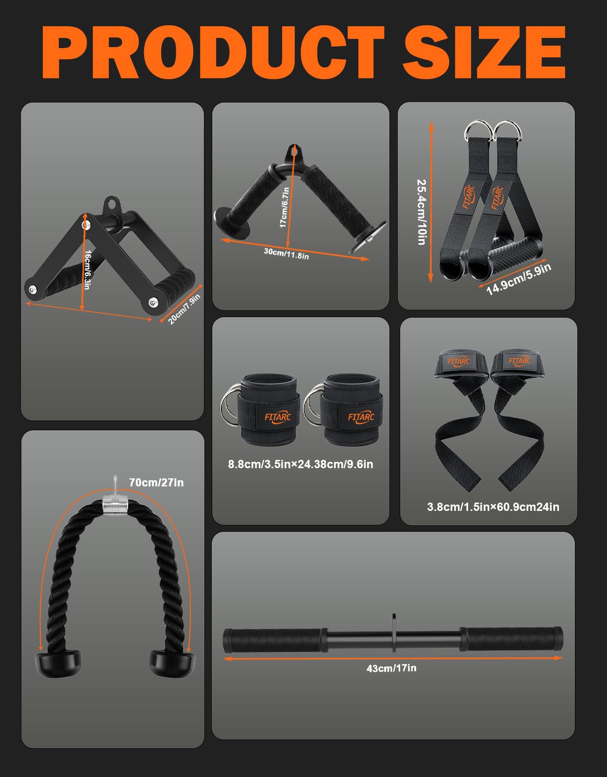 Fitarc Cable Machine Attachment Set for Home Gym, LAT Pulldown & Tricep Pushdown Attachments with D Handle, V Bar, Tricep Rope, Straight Bar, Stirrup Handles, Ankle Strap & Lifting Straps