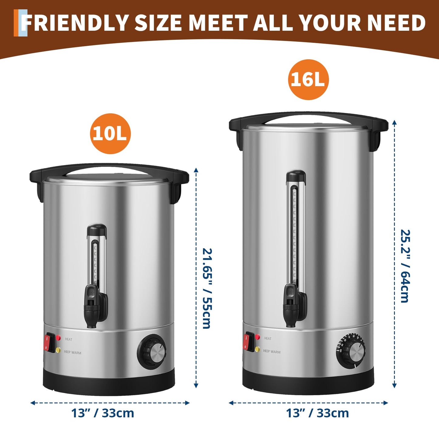 60 Cup Large Coffee Urn with Double Wall Insulation, 10L/2.6 Gallon Stainless Steel Commercial Electric Coffee Dispenser with Hot Drinks and Hot Water, for Weddings, Parties, Catering, and Buffets
