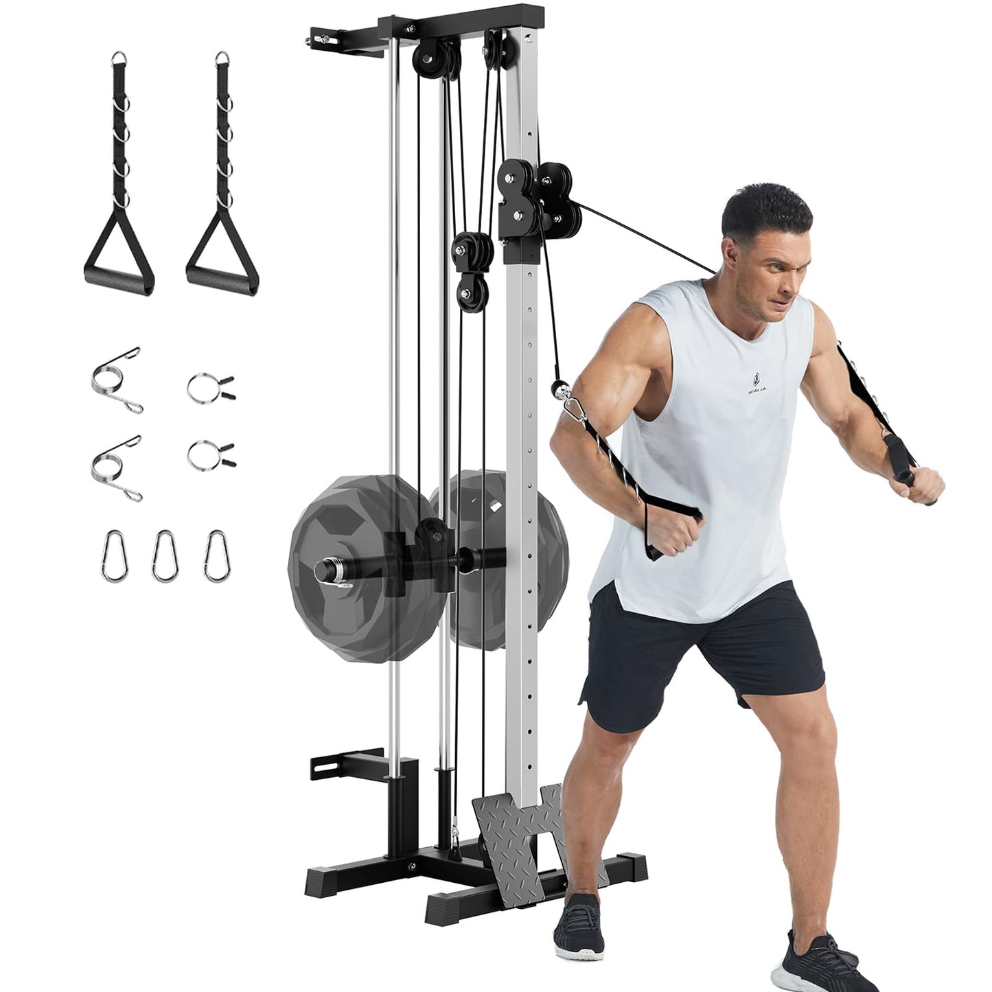 GarveeLife Wall Mount Cable Machine, LAT Pulldown Machines with 19 Positions Dual Pulley System, Cable Crossover Machine with Footplate, Weight Workout Equipment Home Gym Station