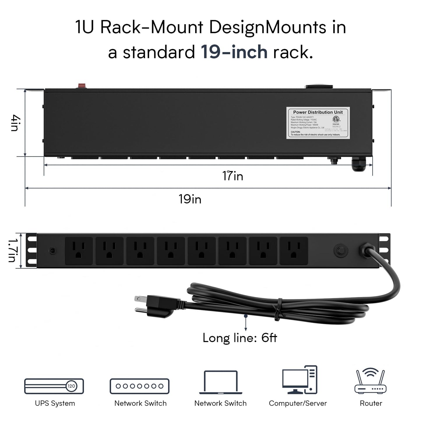 8 Outlet Horizontal 1U Rack Mount PDU Power Strip with Surge Protector - 110V/15A - 6ft Power Cord for Network Server Racks (PDU-03)