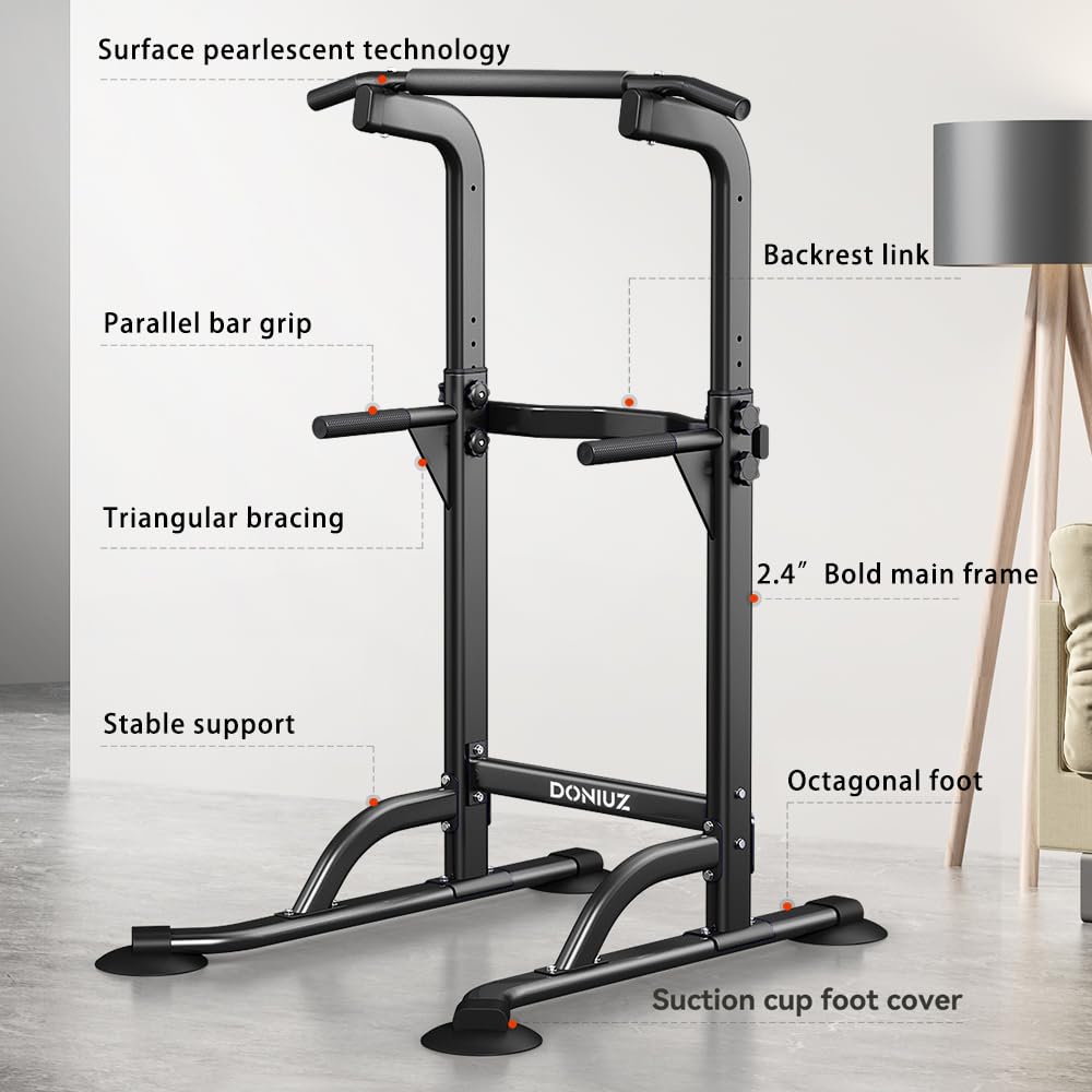 DONIUZ Power Tower Pull Up Bar and Dip Station, Multi-Function Home Gym, Strength Training Fitness Equipment, Height Adjustable(BLACK)