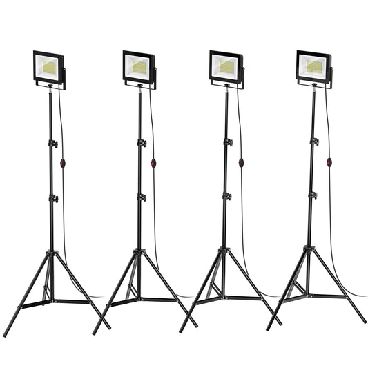 LIVOWALNY 11000 lm LED Work Lights with Stand Pack of 4, 110W Adjustable Head Tower Light with 13FT Cord, Portable IP65 Waterproof Tripod Flood Light for Job Site Workshop Garage Construction Lighting