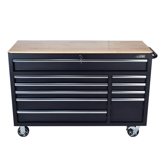 TOOL DORM Rolling Large Tool Chest 56-Inch 10 Drawers, Big Tool Chest with Drawers, Workbench with Wooden Top and Power Strip, Rolling Toolbox with Drawers and Locking System, Black