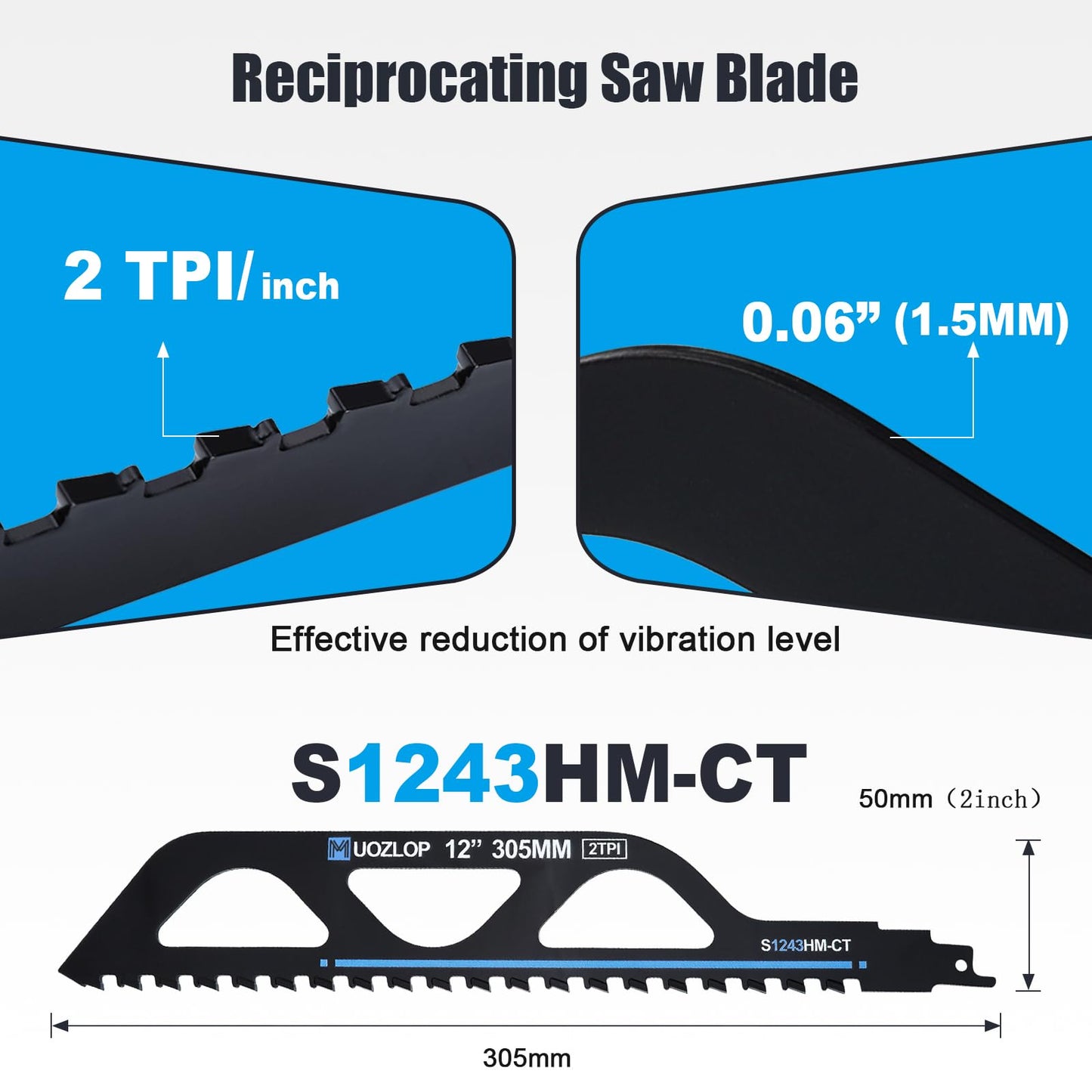 MUOZLOP 12 inch Masonry Reciprocating Saw Blades,2TPI Carbide Blade Strong teeths for Cutting Brick, Cement, Porous Concrete，5 Pack (5, 12 inch)
