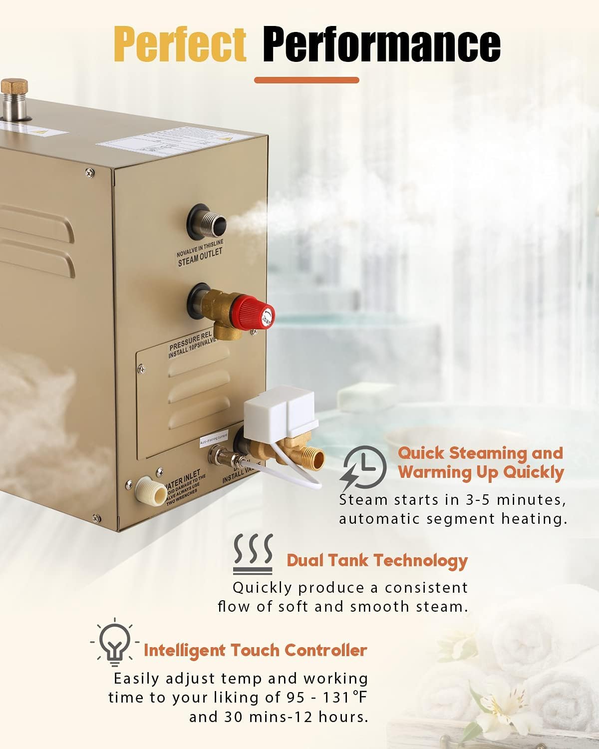 CGOLDENWALL 5KW Commercial Self-Draining Steam Generator Shower System Home Steam Bath Spa Generator 30 min to 12 Hours with Auto Drain 95-131℉ for Suitable Space Heating 5 m³/176 Cubic feet (5KW)