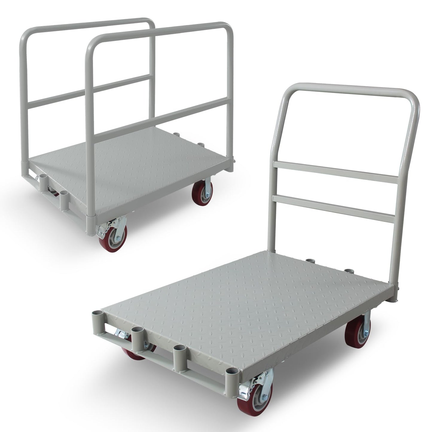 2IN1 Steel Panel Truck Cart, Lumber Cart Drywall Dolly，2500LBS Heavy Duty Flatbed Cart Dolly with 5" Swivel Brake Wheels, 2MM Plate Platform Truck with 1Front and 2Side Handrails
