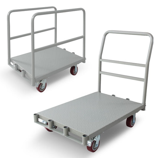 2IN1 Steel Panel Truck Cart, Lumber Cart Drywall Dolly，2500LBS Heavy Duty Flatbed Cart Dolly with 5" Swivel Brake Wheels, 2MM Plate Platform Truck with 1Front and 2Side Handrails