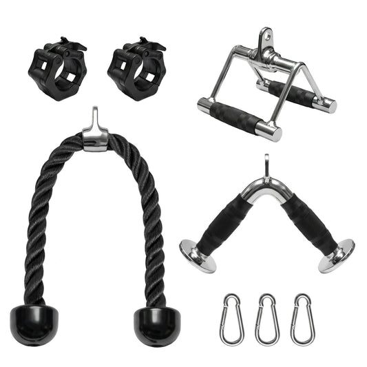 Eryntix Heavy-Duty Cable Machine Attachments, LAT Pulldown Kit with V-Bar, Tricep Rope, Double D Handle, Barbell Collar, 360° Swivel Hooks, Alloy Steel Home Gym Full Body Workout