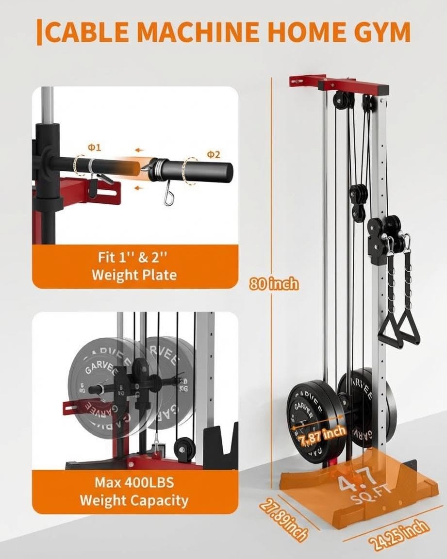 LAT Pulldown Machine 3 in 1 LAT Row Cable Machine Home Gym LAT Tower with Leg Hold Down Attachment and More Handle Replacement Fitness Exercise Upper Body Workout Strength Training Machine, Red