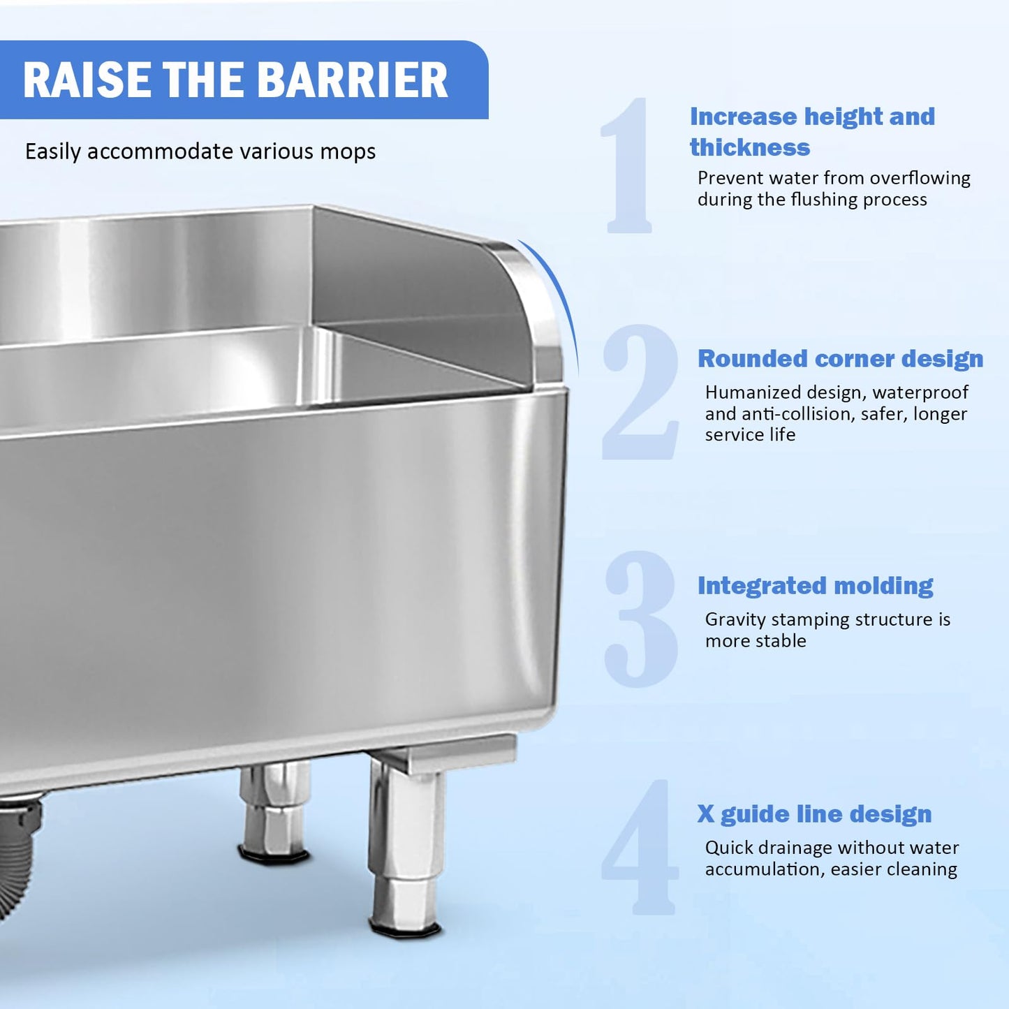 Commercial Floor Mop Sink，Stainless Steel Mop Service Basin，Mop Cleaning Sink，Vertical industrial sewage tank for balconies, laundry rooms, industries, etc（39.37”×16.1”×21.6”)