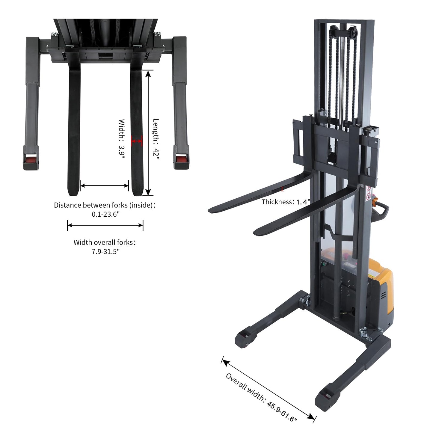 APOLLO Full Electric Stacker Powered Straddle Forklift 3300 lbs Capacity 98'' Lifting Height with Adjustable Forks and Legs Material Lifter