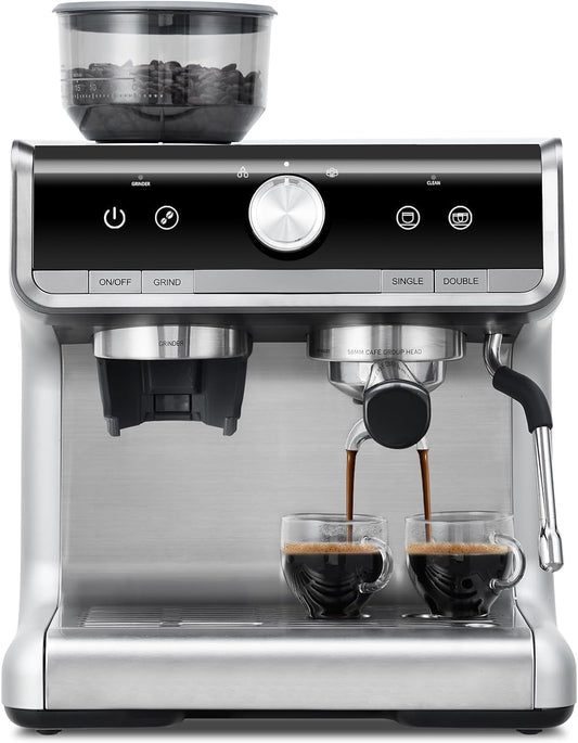 Takywep Semi-Automatic Espresso Machine - 1450W/20 Bar, 30 Grinder Settings, Fast Heating, Milk Frother Steam Wand, Home & Hotel Use, Silver