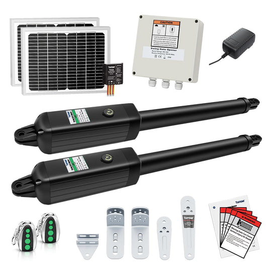 TOPENS AD5S Automatic Gate Opener Kit Medium Duty Solar Dual Gate Operator for Dual Swing Gates Up to 16 Feet or Max 550 Pounds Gate Motor Solar Panel