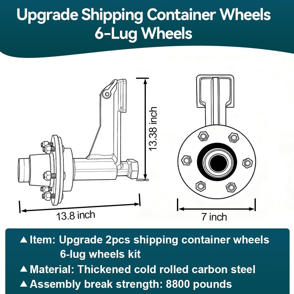Professional 2 Pack Shipping Container Wheels 6-Lug Wheels Kit, Shipping Container Axle, Heavy Duty Shipping Container Accessory with Ratchet Tie Downs for Moving 20ft - 40ft Container