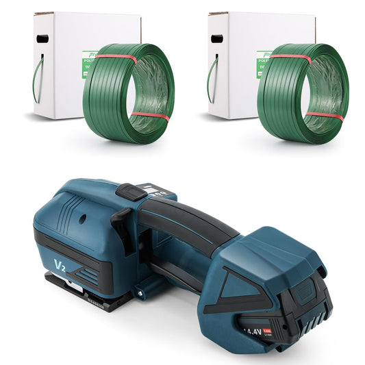 Flyrivergo 4000mah Electric Strapping Machine + Two 1046' Polyester(PET) Heavy Duty Strapping Roll (Adaptive)
