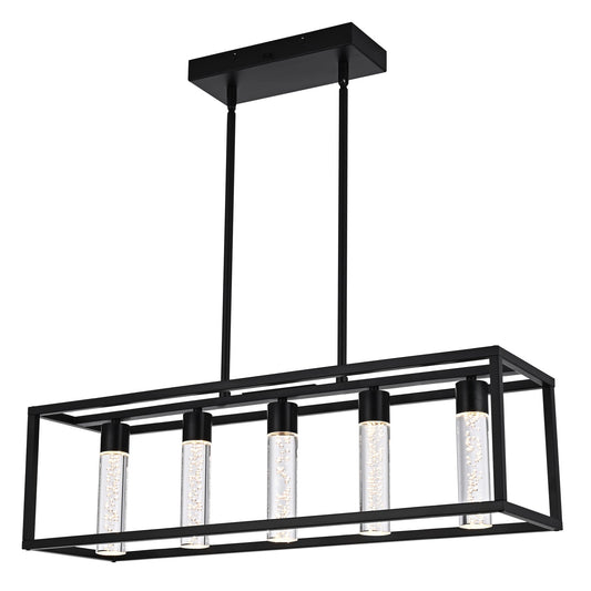 VINLUZ LED Farmhouse Kitchen Island Lighting,5 Light Industrial Linear Chandelier for Dining Room Metal Black Finish Hanging Pendant Light Fixture for Bedroom Living Room Hallway