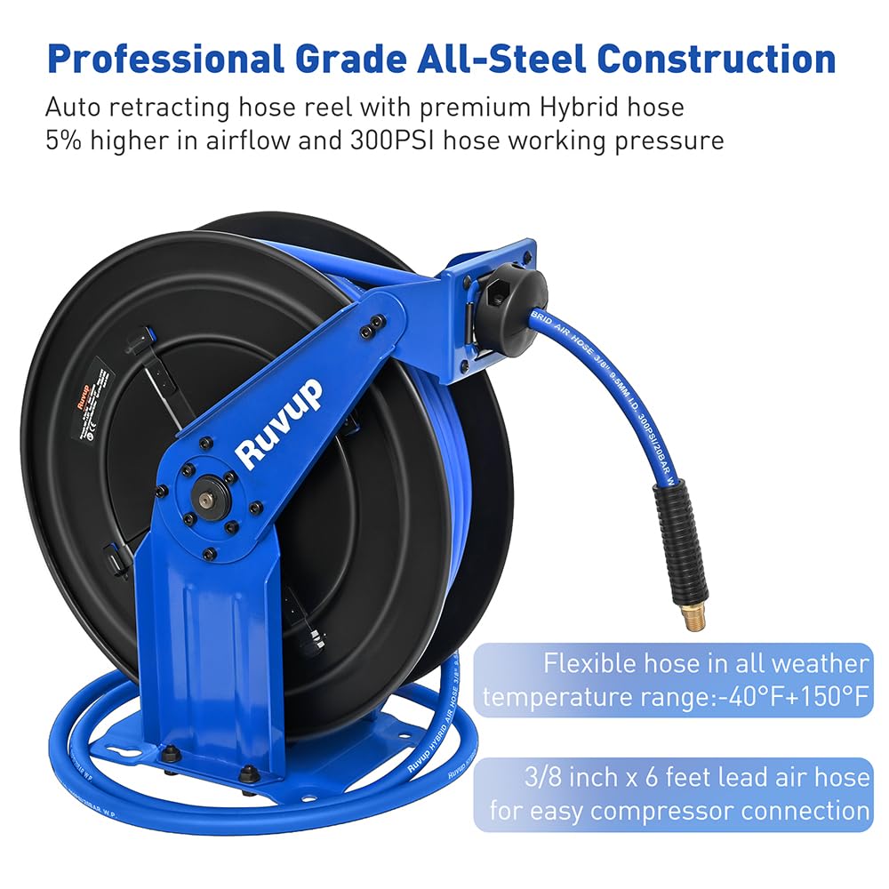 Ruvup Retractable Air Hose Reel, 3/8" x 75ft Air Compressor Tools Hose Reel Auto Rewind Hybrid Hose Max 300PSI with 6.5ft Lead Hose Heavy Duty Steel with 12-Position Ratchet Lock Accessory Kit