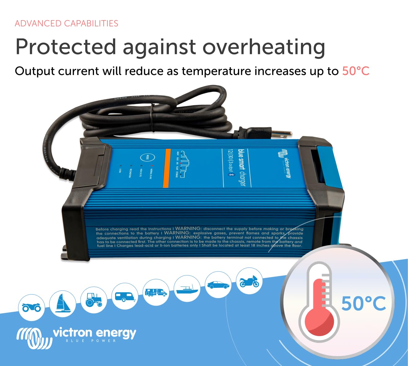 Victron Energy Blue Smart Car Battery Charger – IP22 – Float, Trickle Charger & Desulfator for Motorcycle, ATV, RV, Lithium & Deep Cycle Batteries - 12V 30A - 3 outputs